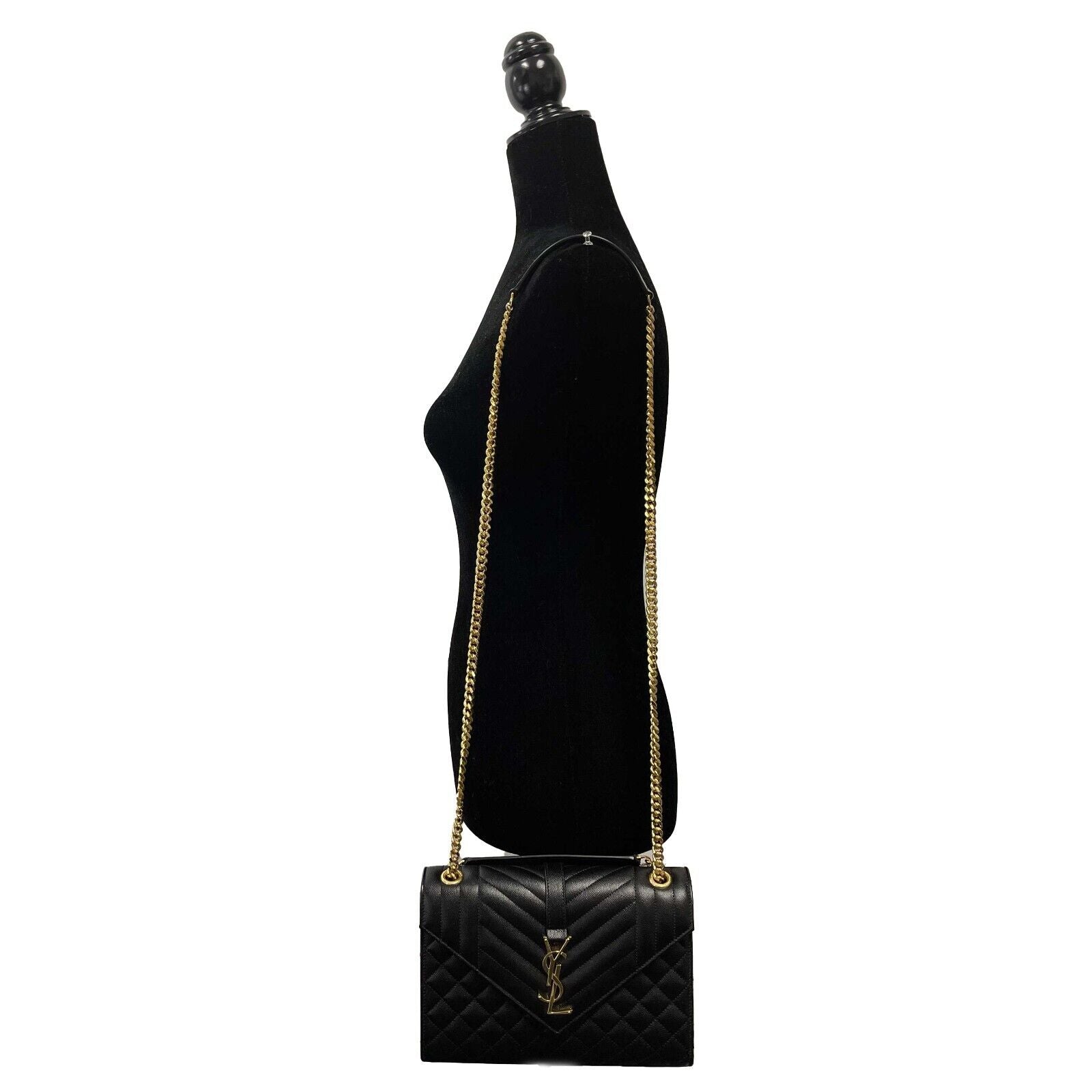 SAINT LAURENT Black Medium Triquilt Envelope Chain Grain de Poudre Shoulder Bag