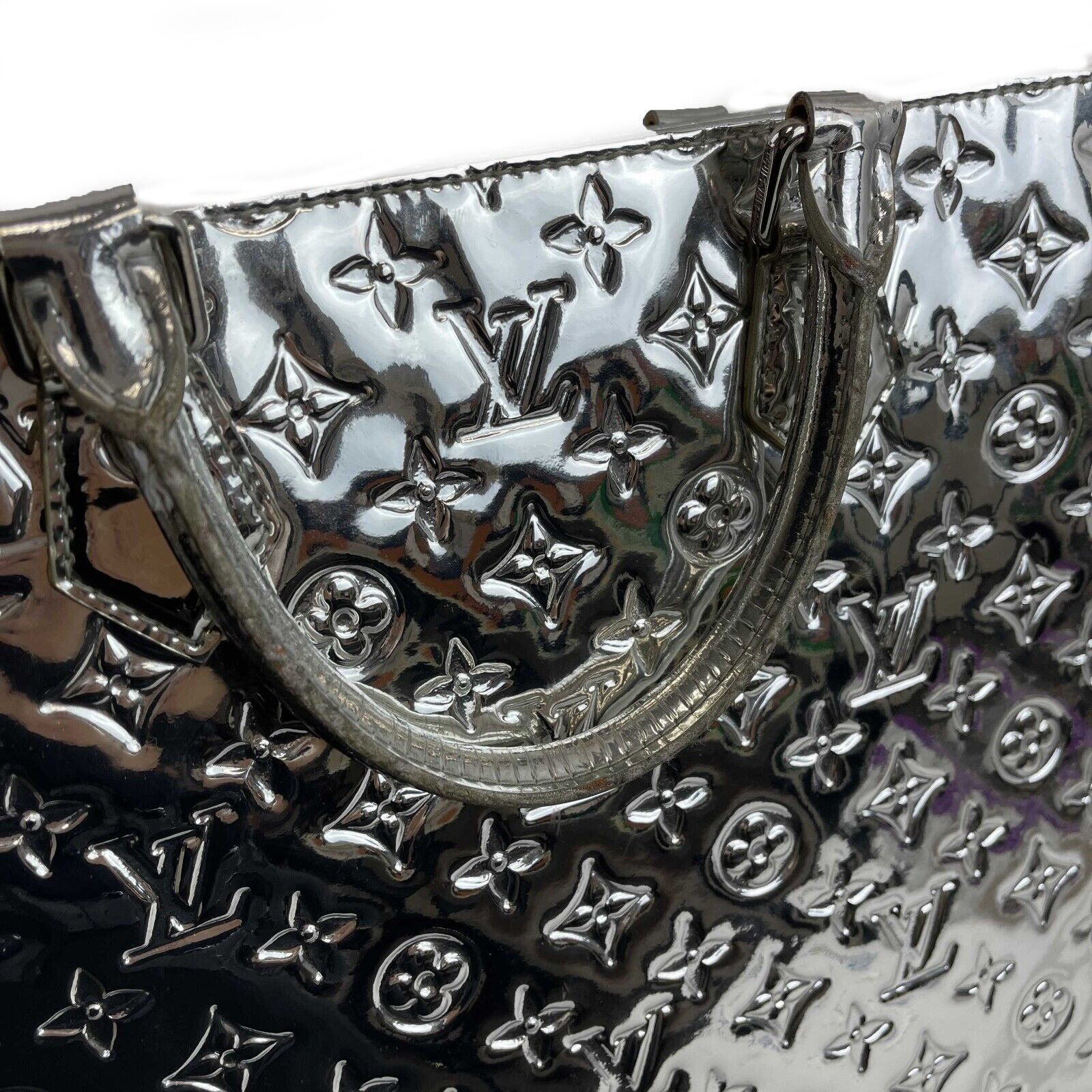 LOUIS VUITTON Monogram Miroir Sac Plat Silver Patent Tote Bag RARE