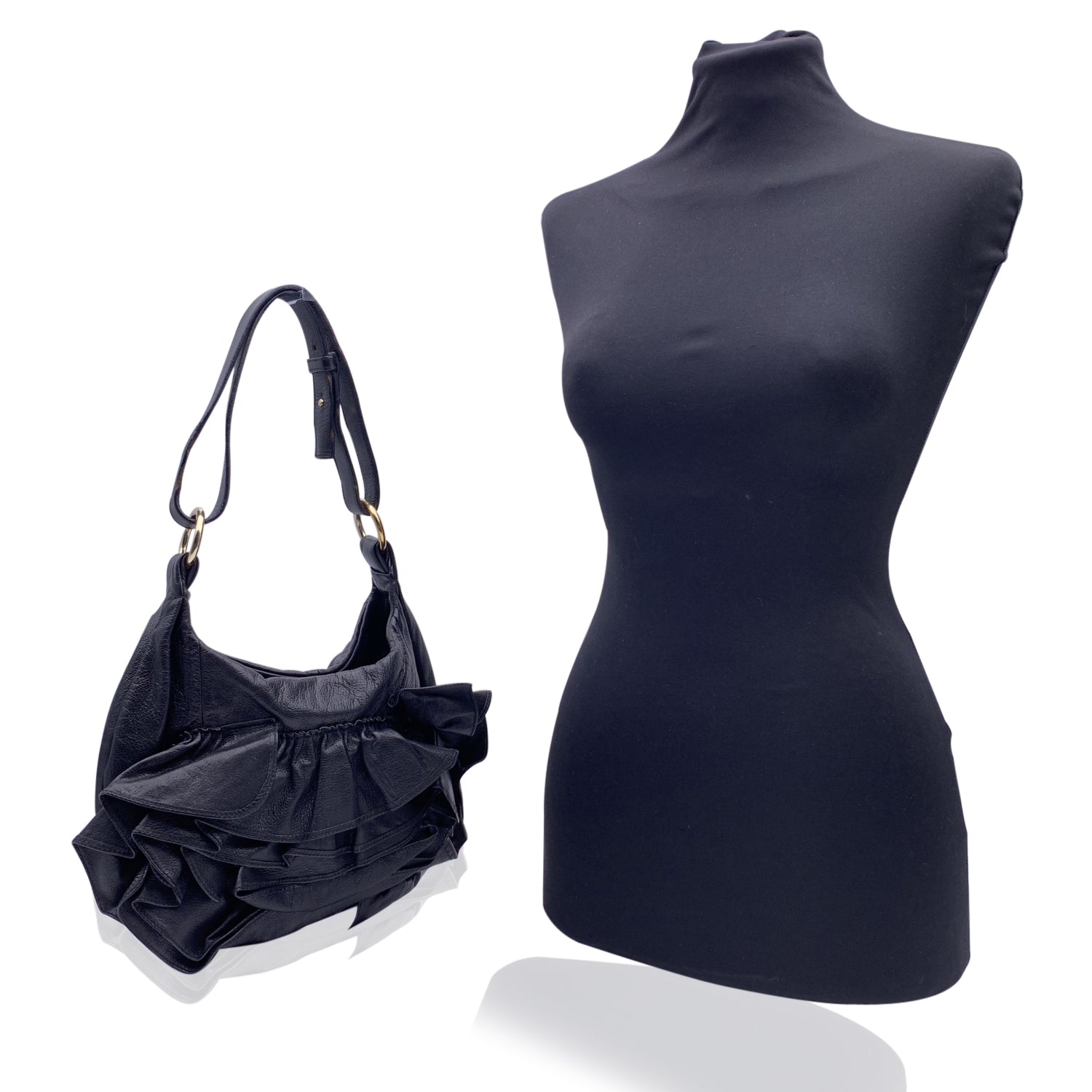 YVES SAINT LAURENT Black Ruffled Leather Hobo Tote Shoulder Bag