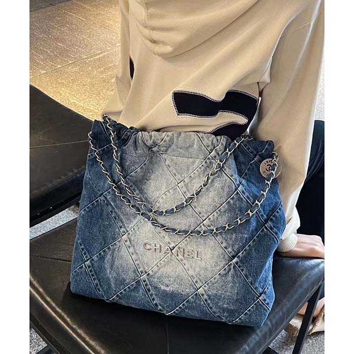 Chanel Women CC 22 Handbag Washed Denim Silver-Tone Metal Light Blue