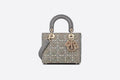 Small Lady Di**r Bag Gray Smooth Calfskin and Satin with Bead Embroidery