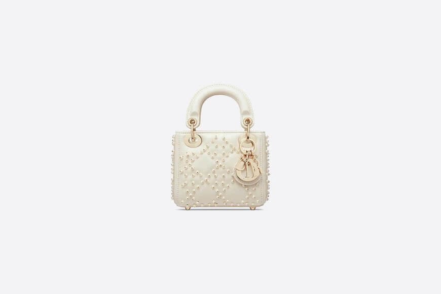 Micro Lady Dior Bag Latte Cannage Lambskin with Resin Pearls
