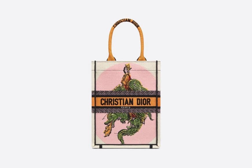 Vertical Dior Book Tote White Multicolor Princess & Dragon Embroidery