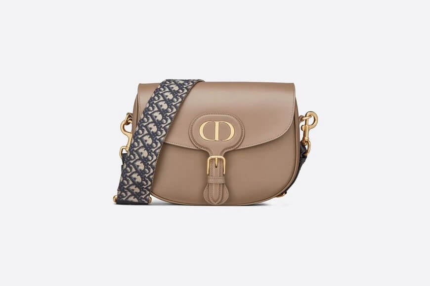 Large Dior Bobby Bag Warm Taupe Box Calfskin with Blue  Oblique Embroidered