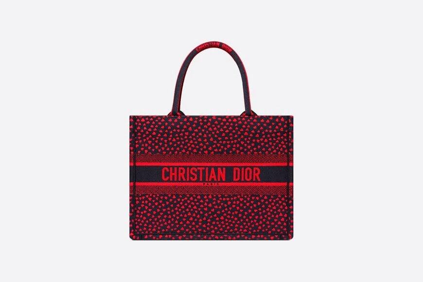 Small Dior Book Tote Navy Blue I Love Paris and Red Hearts Embroidery