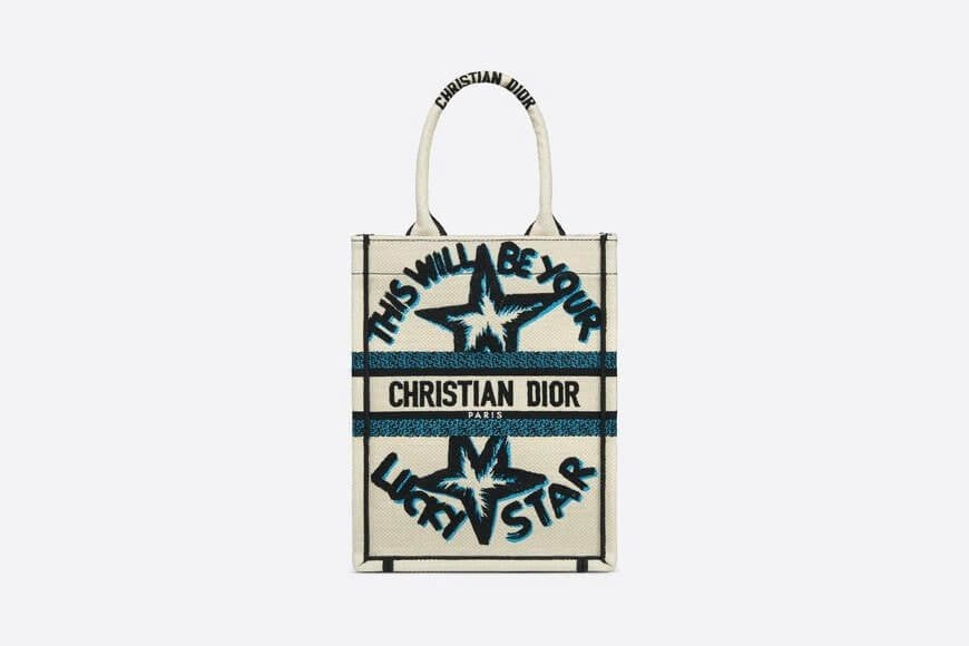 Vertical Dior Book Tote White Multicolor Lucky Star Embroidery