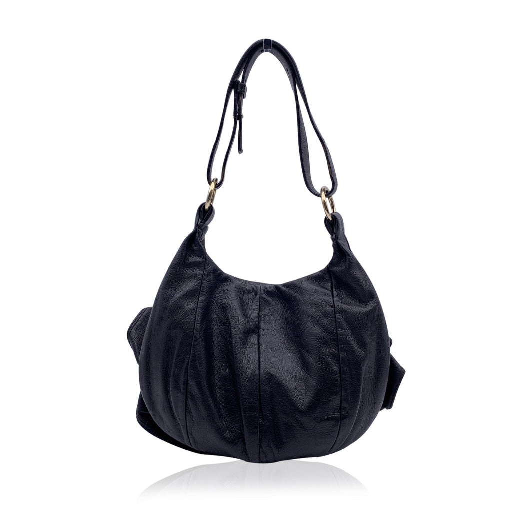 YVES SAINT LAURENT Black Ruffled Leather Hobo Tote Shoulder Bag