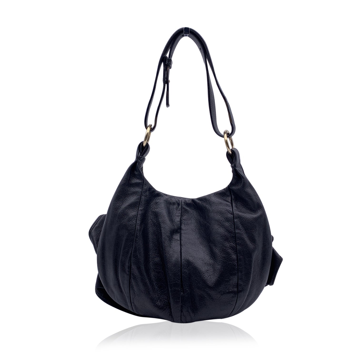 YVES SAINT LAURENT Black Ruffled Leather Hobo Tote Shoulder Bag