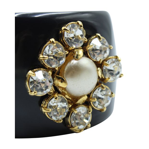 CHANEL Vintage Black Plastic Bracelet - Crystal Embellishments And Faux Pearl