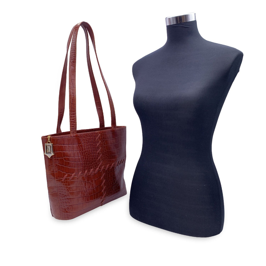 YVES SAINT LAURENT Vintage Brown Embossed Leather Stitch Tote Bag