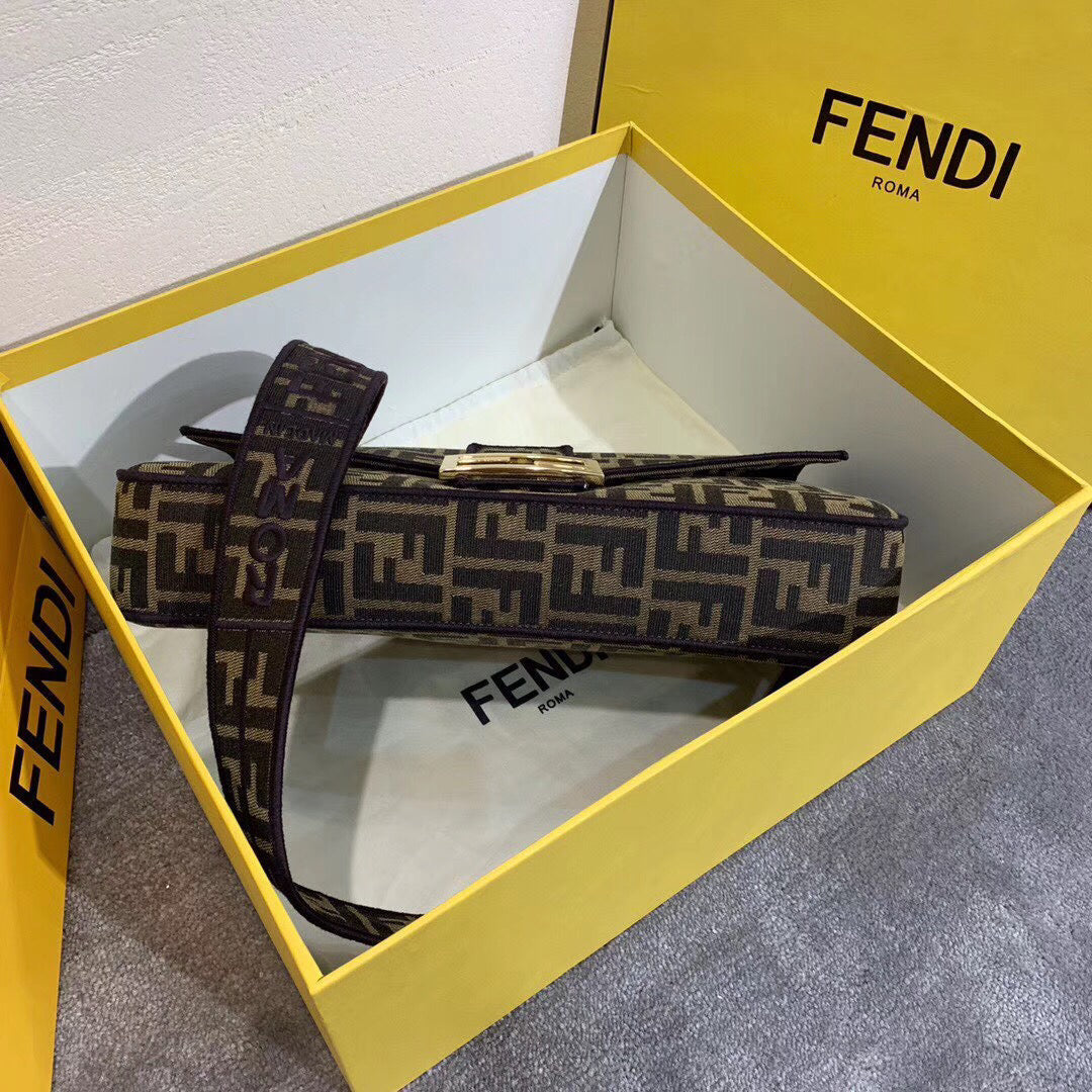 Fendi Baguette Large Bag In FF Fabric With Black Trim