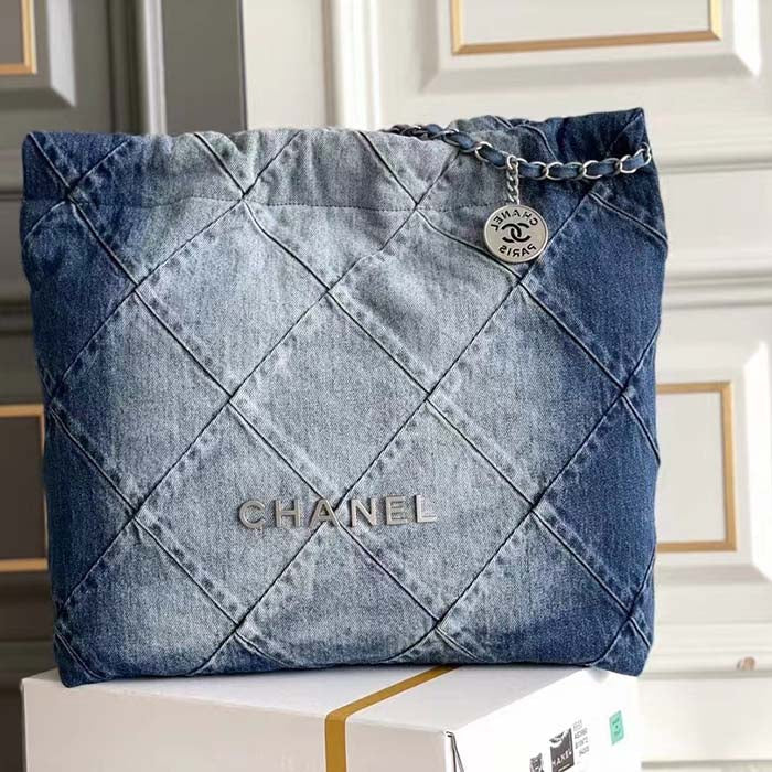 Chanel Women CC 22 Handbag Washed Denim Silver-Tone Metal Light Blue