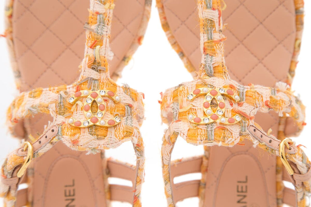 Chanel Orange Tweed Heeled Sandals SZ 37.5