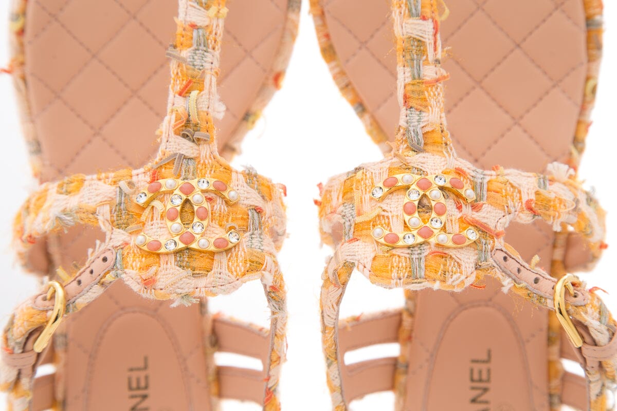 Chanel Orange Tweed Heeled Sandals SZ 37.5