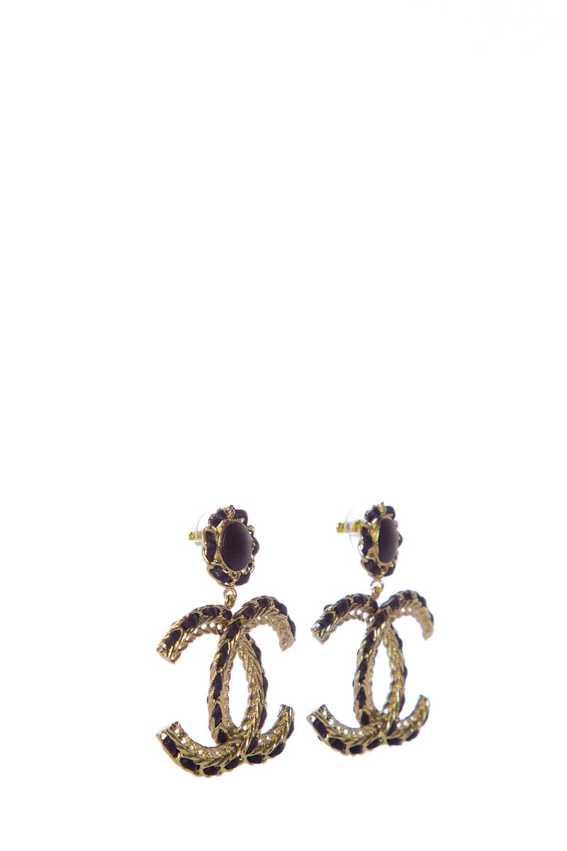 Chanel Black Leather and Gold CC Dangle Earrings
