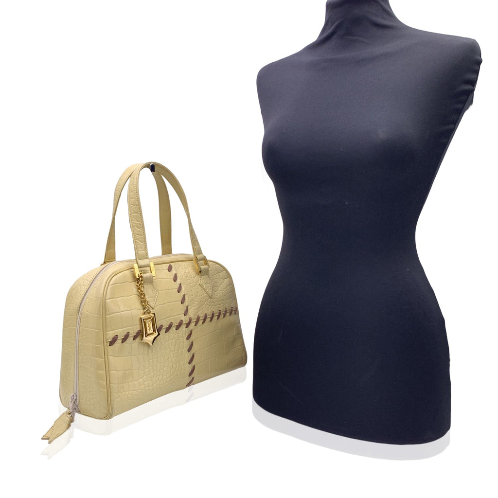 YVES SAINT LAURENT Vintage Beige Embossed Leather Bowling Bag