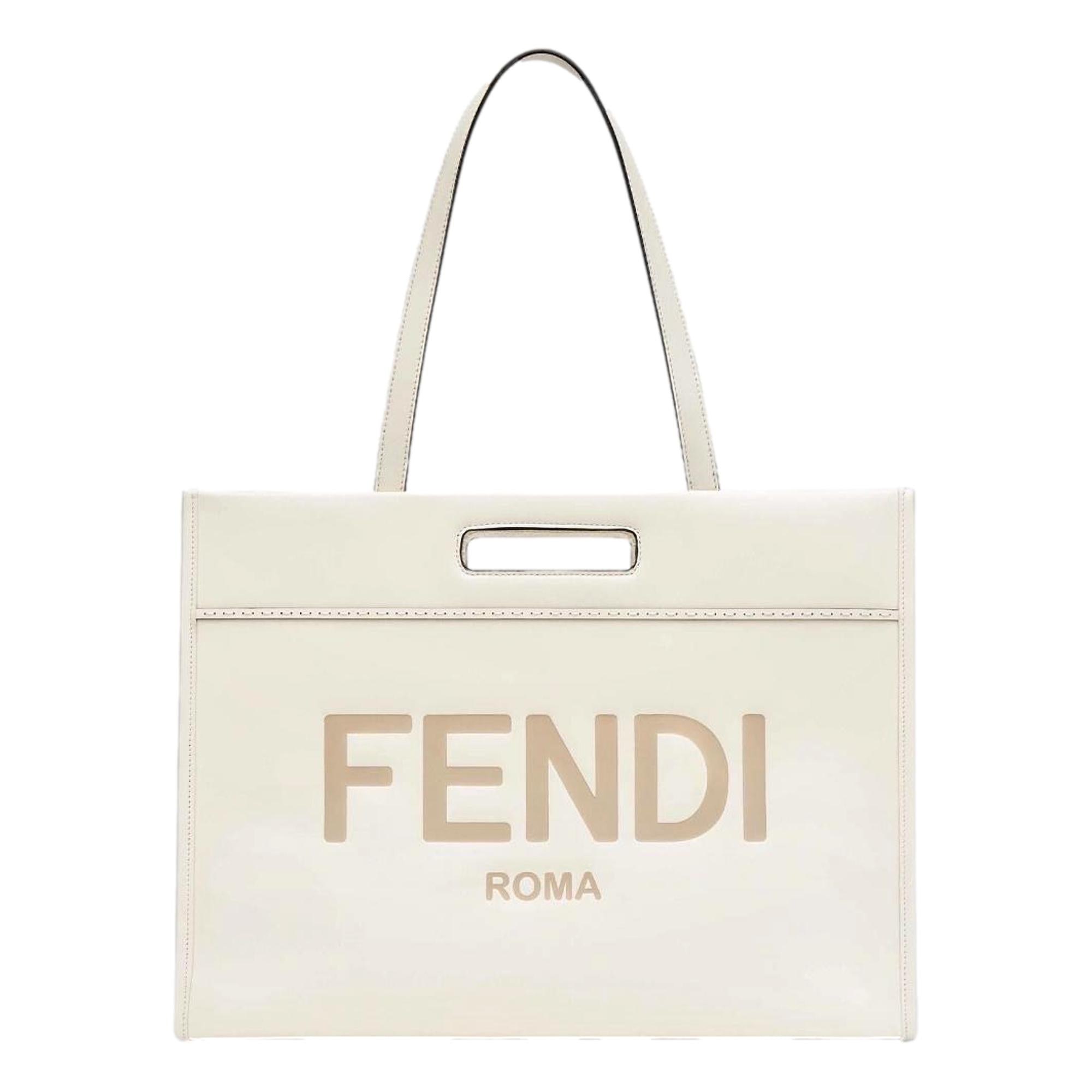 Fendi Logo 2-Way Smooth Ivory Leather Tote Bag 7VA480
