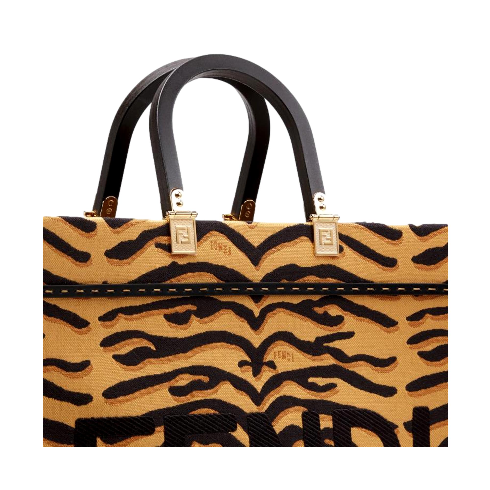 Fendi Sunshine Tiger Jacquard Canvas Black and Yellow Tote 8BH386