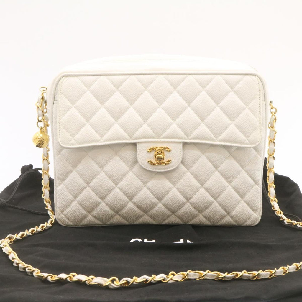 CHANEL Matelasse Chain Shoulder Bag Caviar Skin Gold White CC  am1370gA