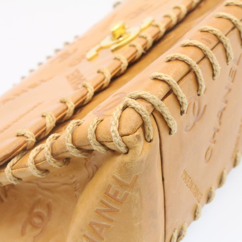CHANEL Raffia Chain Flap Shoulder Bag Leather Beige CC  am1414gA