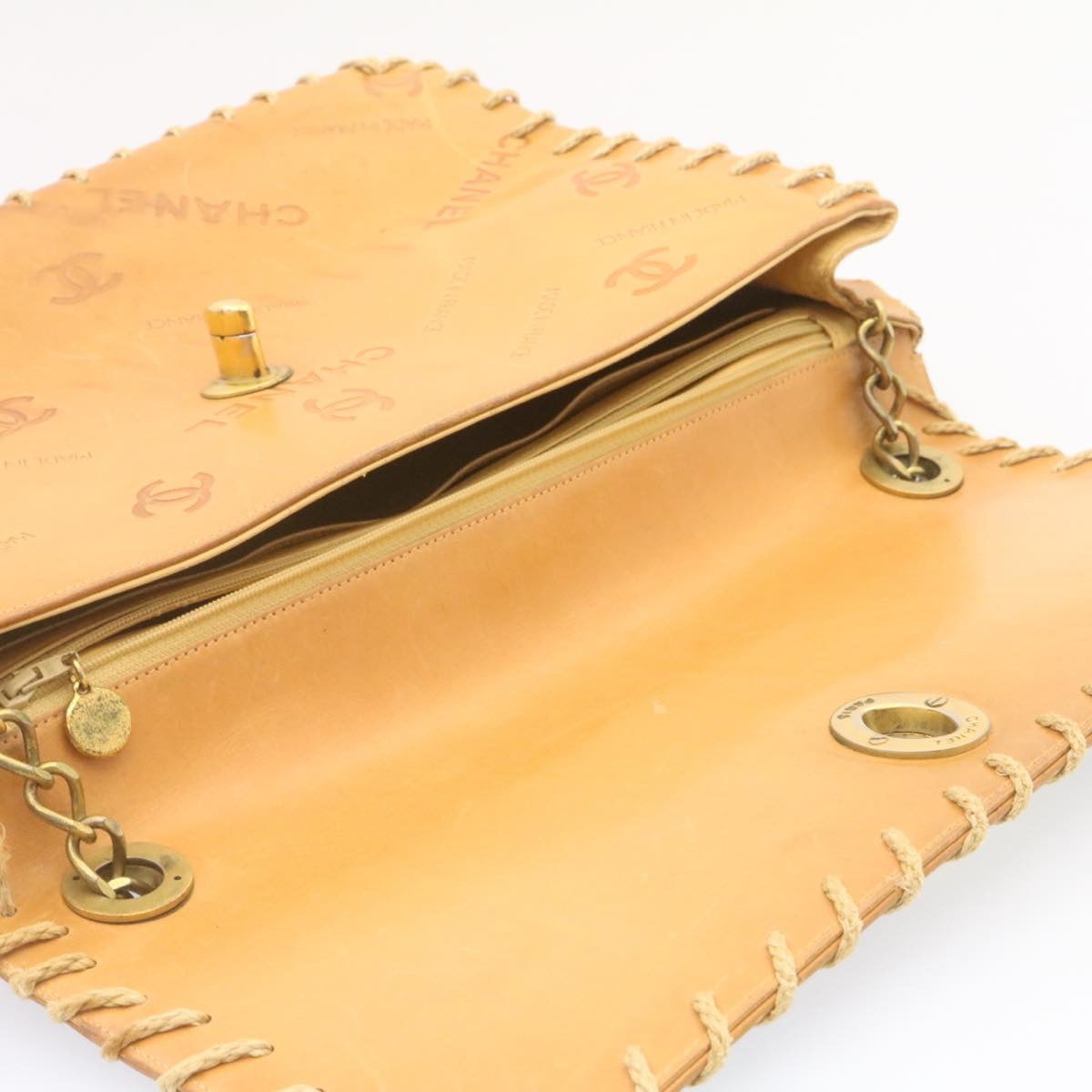 CHANEL Raffia Chain Flap Shoulder Bag Leather Beige CC  am1414gA