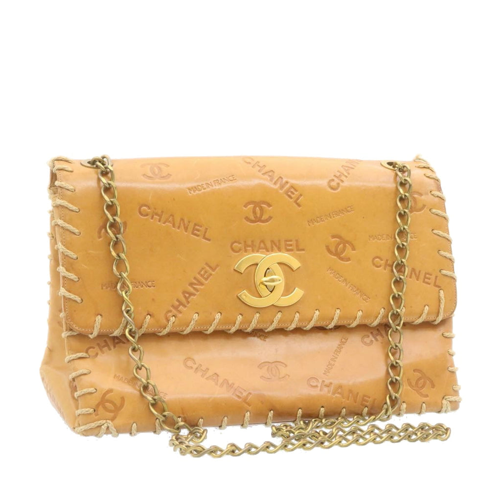CHANEL Raffia Chain Flap Shoulder Bag Leather Beige CC  am1414gA