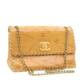 CHANEL Raffia Chain Flap Shoulder Bag Leather Beige CC  am1414gA