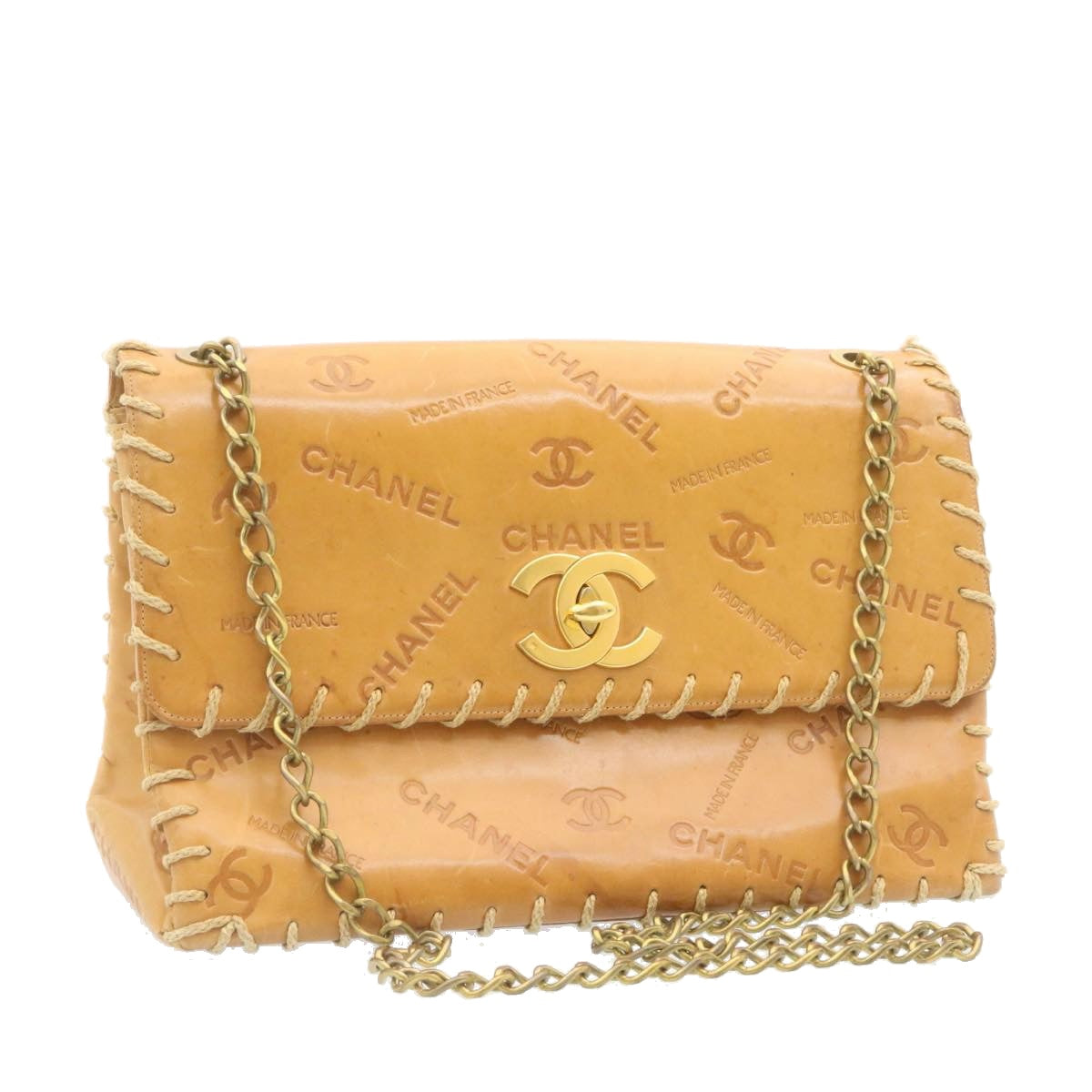 CHANEL Raffia Chain Flap Shoulder Bag Leather Beige CC  am1414gA
