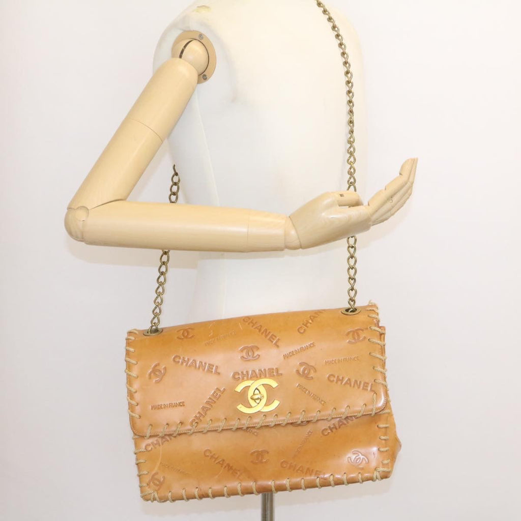 CHANEL Raffia Chain Flap Shoulder Bag Leather Beige CC  am1414gA