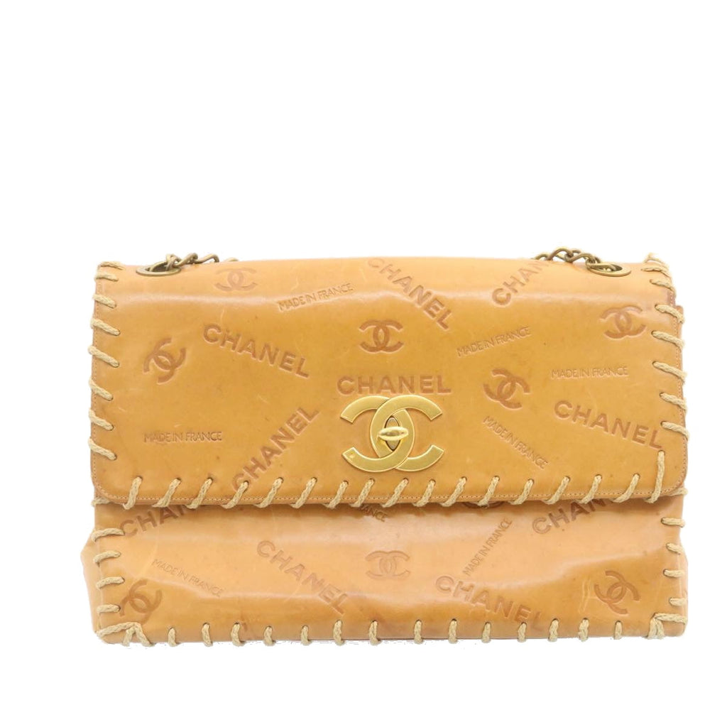 CHANEL Raffia Chain Flap Shoulder Bag Leather Beige CC  am1414gA