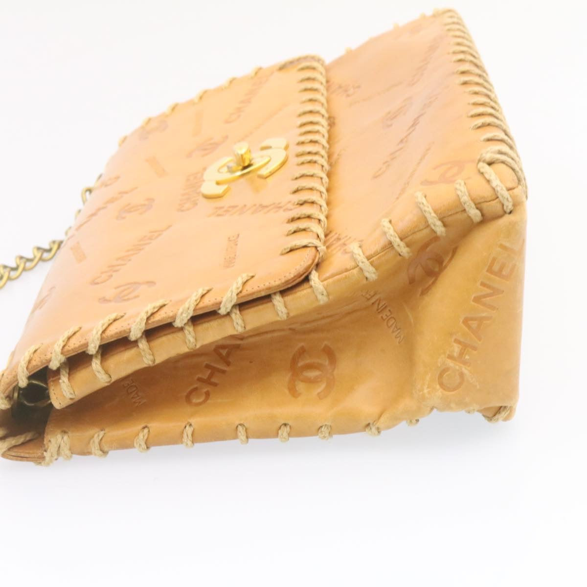 CHANEL Raffia Chain Flap Shoulder Bag Leather Beige CC  am1414gA