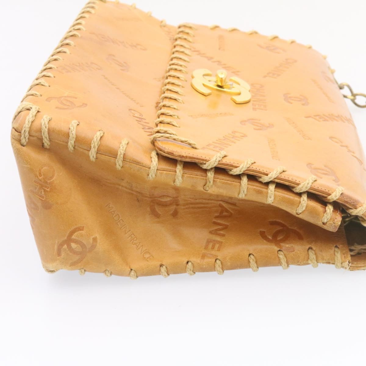 CHANEL Raffia Chain Flap Shoulder Bag Leather Beige CC  am1414gA
