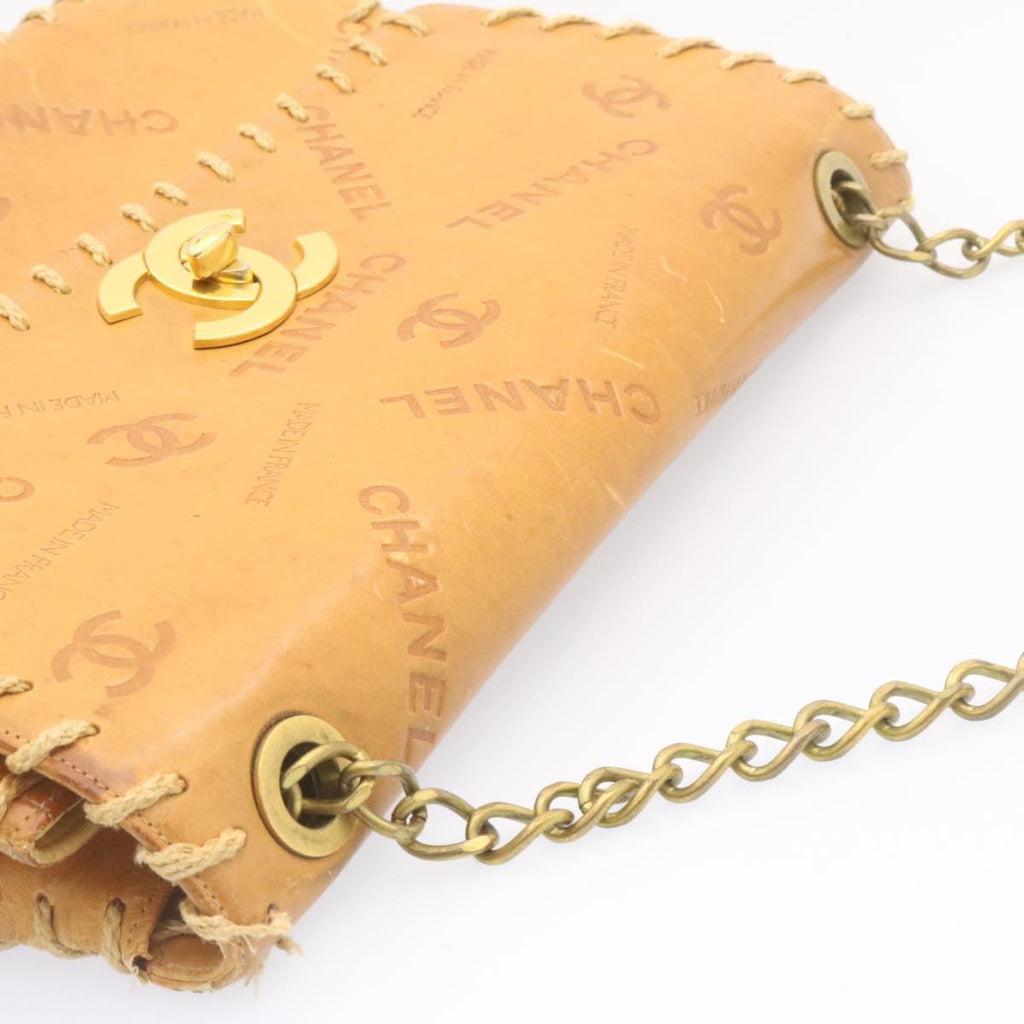 CHANEL Raffia Chain Flap Shoulder Bag Leather Beige CC  am1414gA