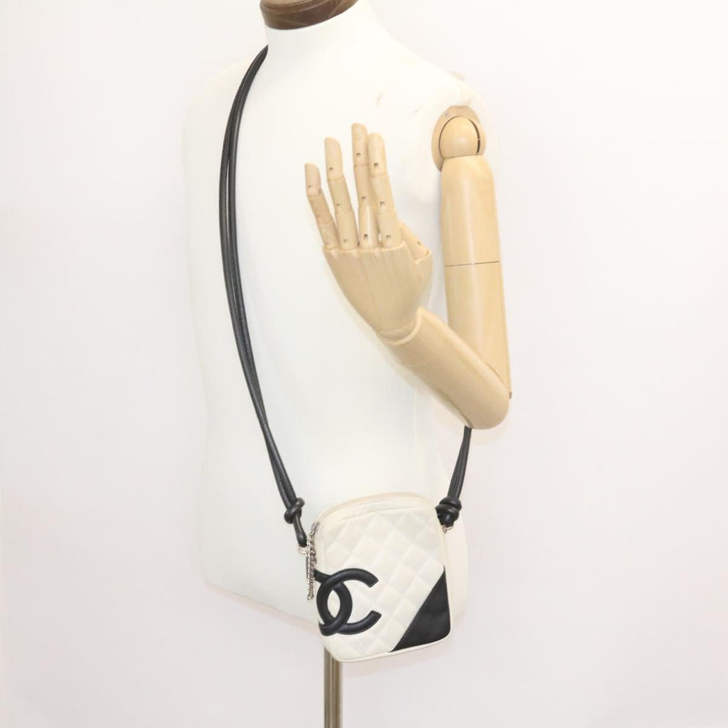 CHANEL Cambon Line Shoulder Bag Leather White Black CC  am1647gA