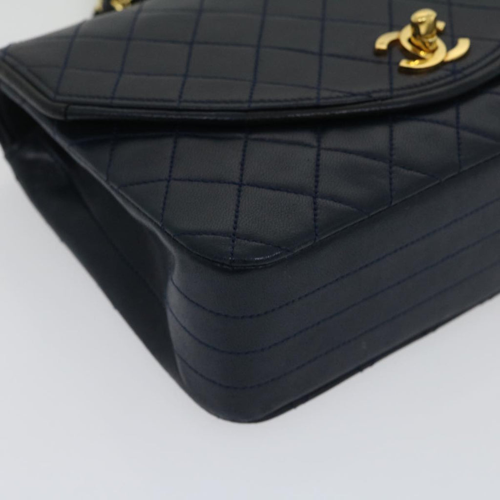 CHANEL Matelasse Chain Flap Shoulder Bag Lamb Skin Navy Gold CC  am2602gA