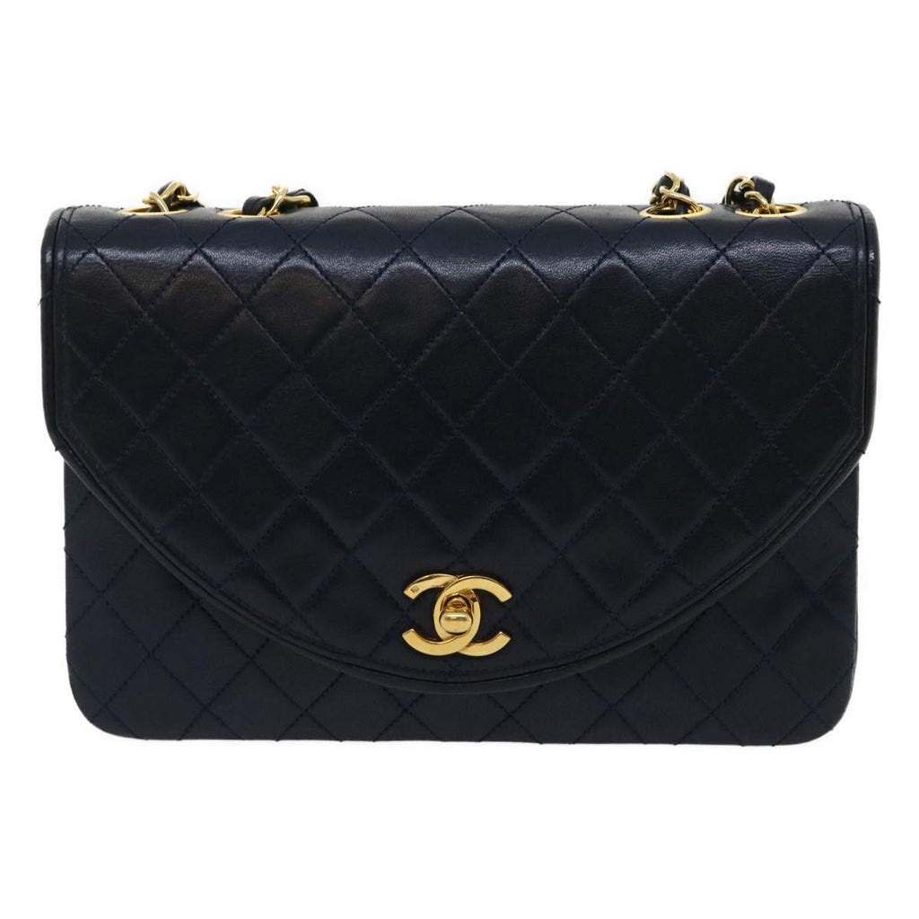CHANEL Matelasse Chain Flap Shoulder Bag Lamb Skin Navy Gold CC  am2602gA