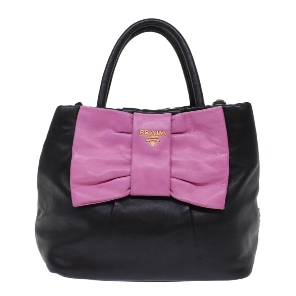 PRADA Ribbon Hand Bag Leather 2way Black Pink  hk777