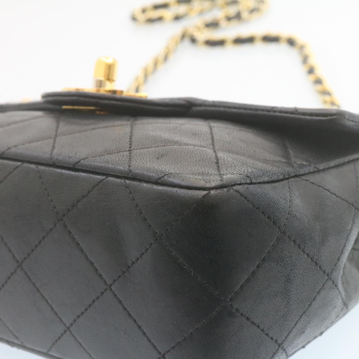 CHANEL Mini Matelasse Chain Flap Shoulder Bag Lamb Skin Black Gold  hs648A