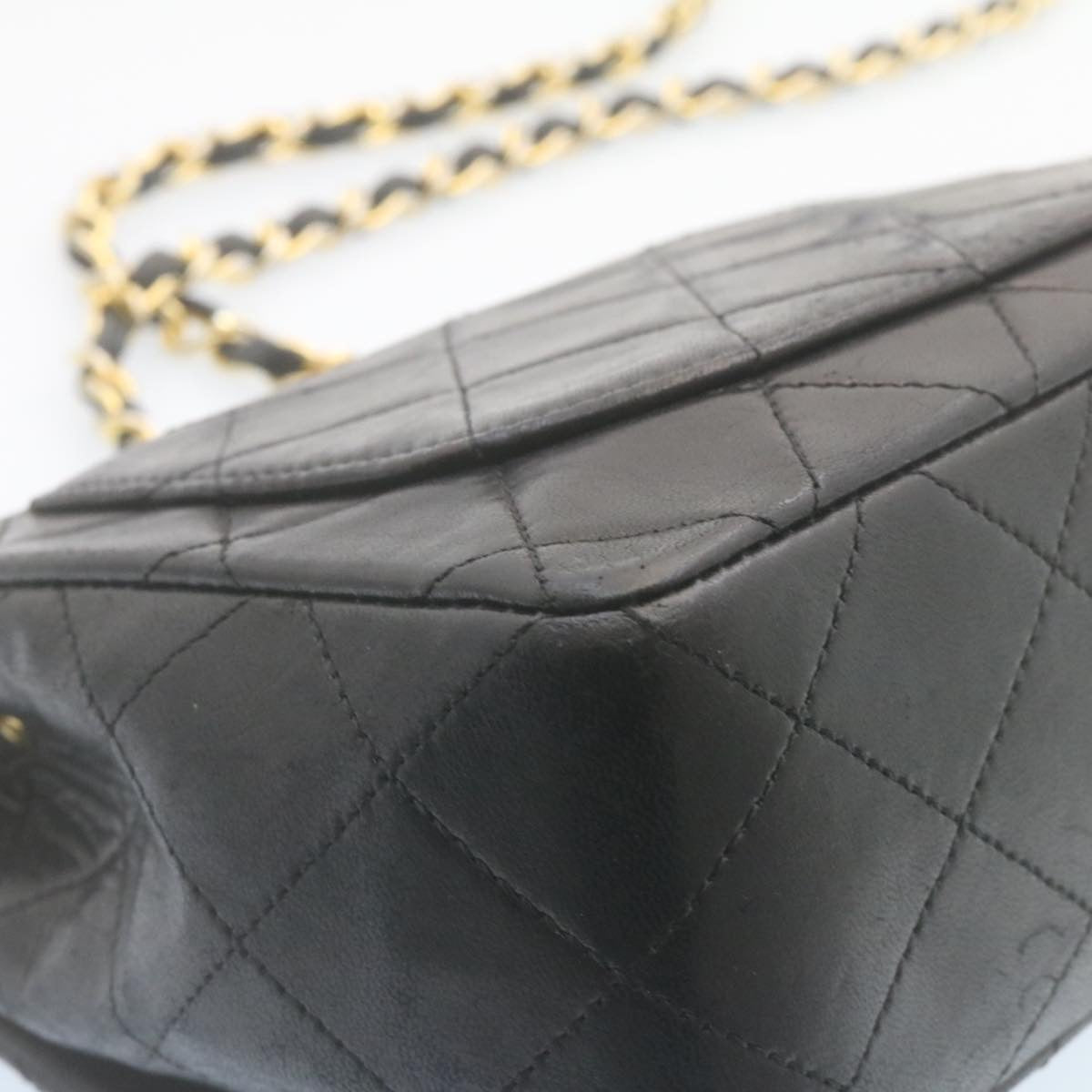 CHANEL Mini Matelasse Chain Flap Shoulder Bag Lamb Skin Black Gold  hs648A