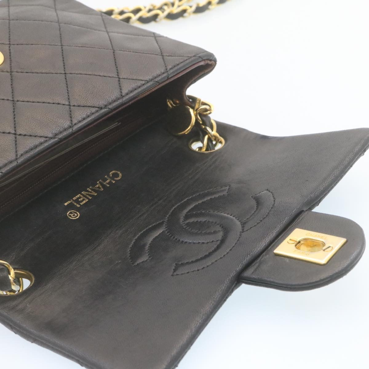 CHANEL Mini Matelasse Chain Flap Shoulder Bag Lamb Skin Black Gold  hs648A