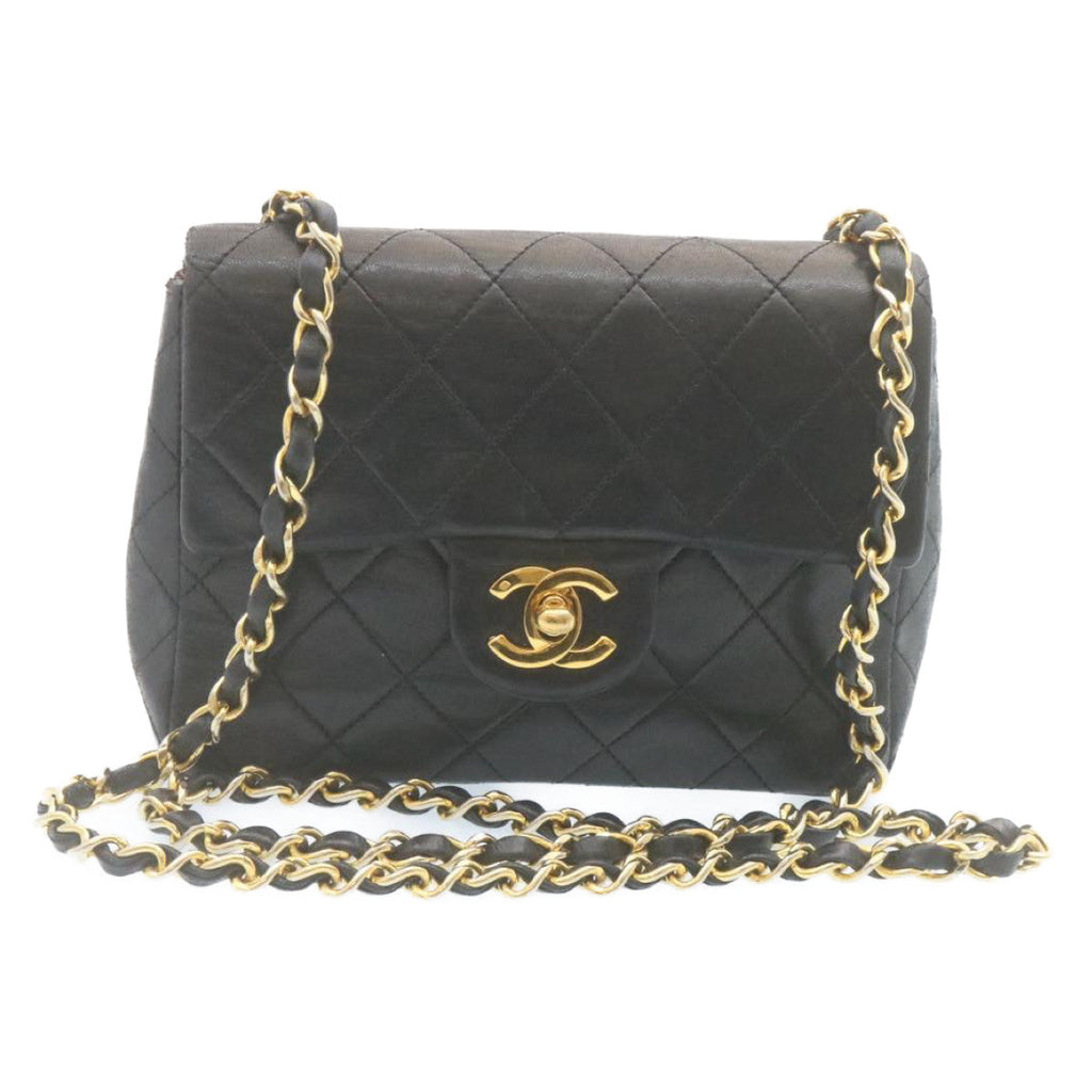 CHANEL Mini Matelasse Chain Flap Shoulder Bag Lamb Skin Black Gold  hs648A