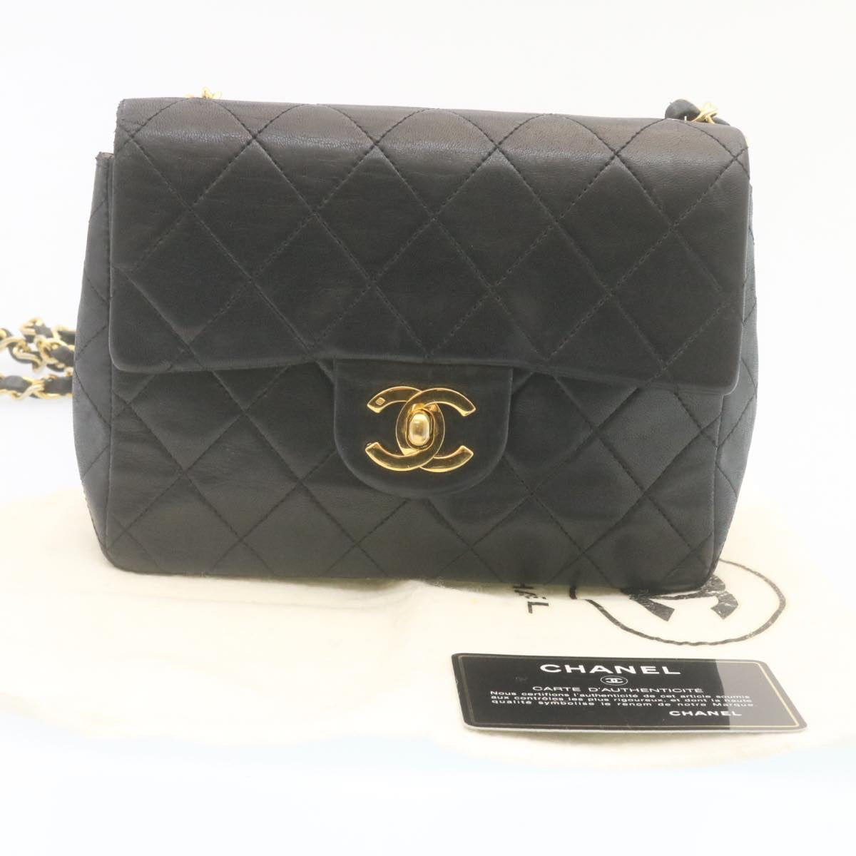 CHANEL Mini Matelasse Chain Flap Shoulder Bag Lamb Skin Black Gold  hs648A