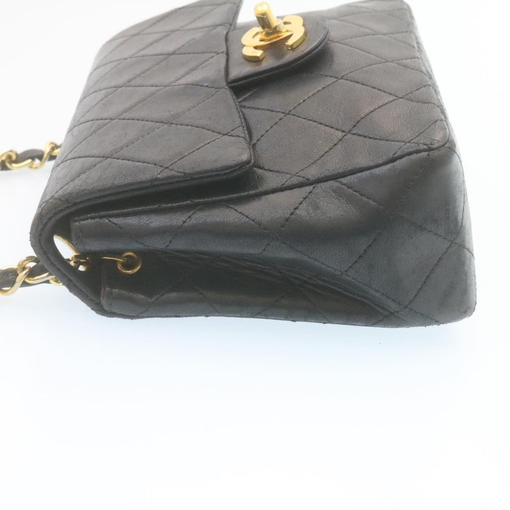 CHANEL Mini Matelasse Chain Flap Shoulder Bag Lamb Skin Black Gold  hs648A