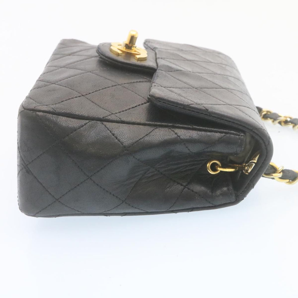 CHANEL Mini Matelasse Chain Flap Shoulder Bag Lamb Skin Black Gold  hs648A