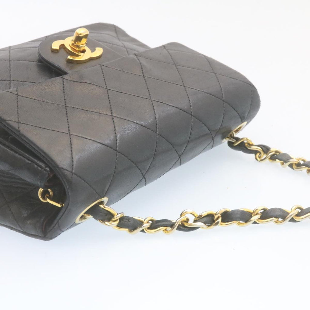 CHANEL Mini Matelasse Chain Flap Shoulder Bag Lamb Skin Black Gold Auth hs648A