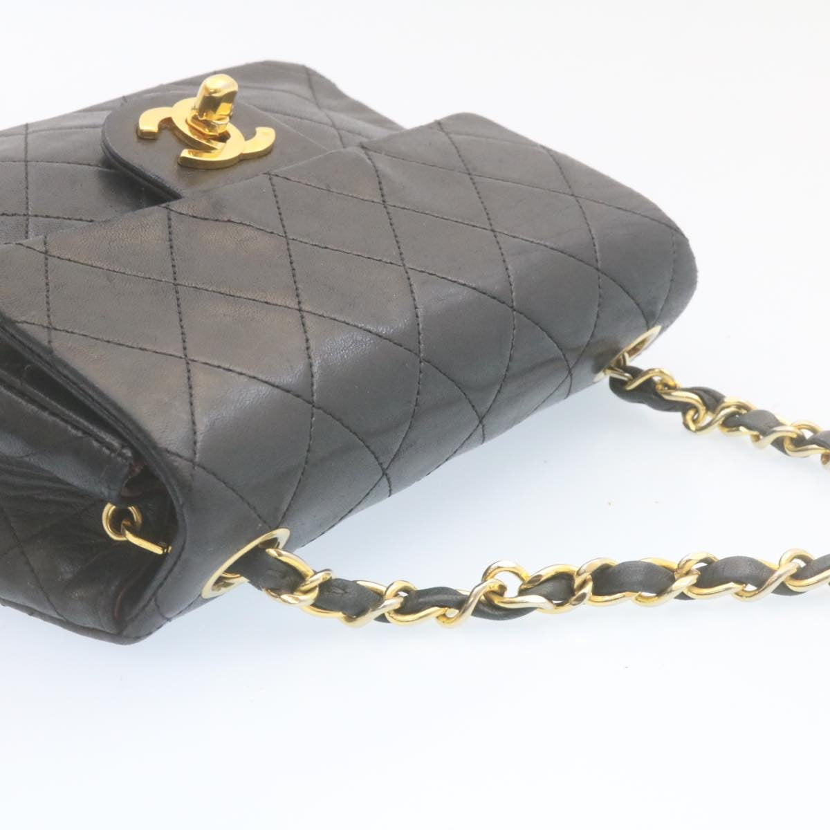 CHANEL Mini Matelasse Chain Flap Shoulder Bag Lamb Skin Black Gold  hs648A