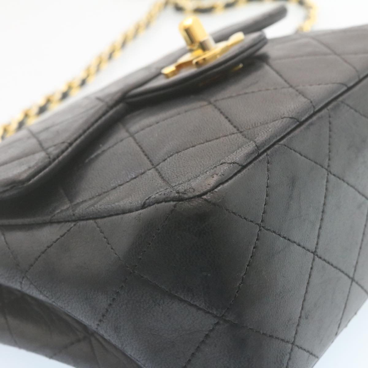 CHANEL Mini Matelasse Chain Flap Shoulder Bag Lamb Skin Black Gold  hs648A