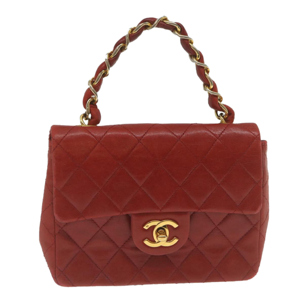 CHANEL Mini Matelasse Chain Flap Hand Bag Lamb Skin Red Gold CC Auth hs688A