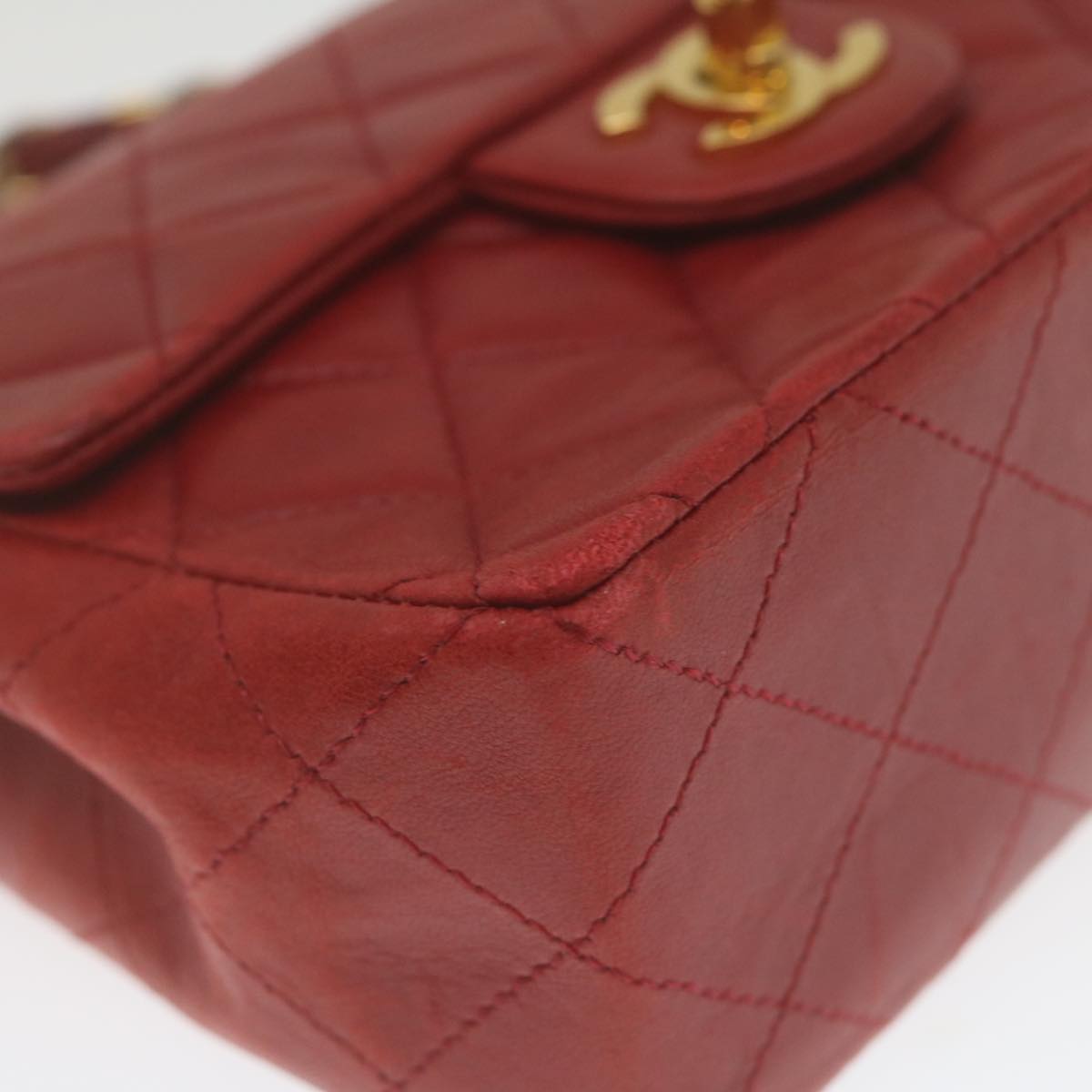 CHANEL Mini Matelasse Chain Flap Hand Bag Lamb Skin Red Gold CC Auth hs688A