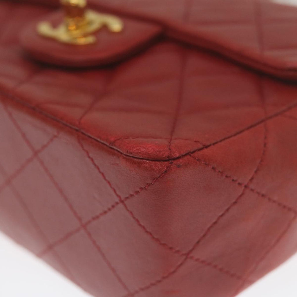 CHANEL Mini Matelasse Chain Flap Hand Bag Lamb Skin Red Gold CC Auth hs688A
